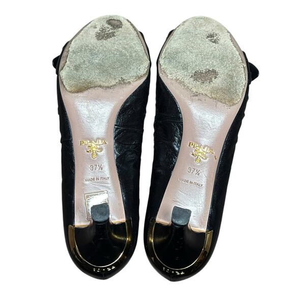 PRADA Peep Toe Heels Women 37.5 Black Leather Classic Luxury Vintage Pinup Logo - Picture 13 of 16